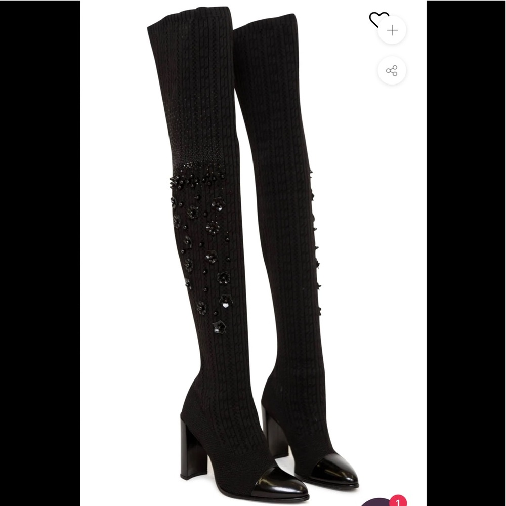 Stuart Weitzman OVER THE KNEE HEELED BOOTS WITH FLOWERS & Rhinestones